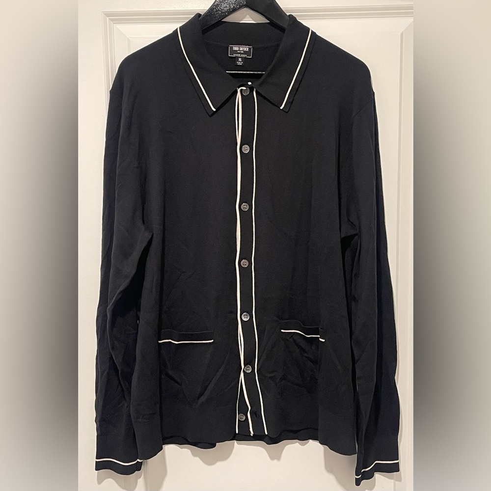 Todd Snyder Black Button-Up Sweater with White Trim